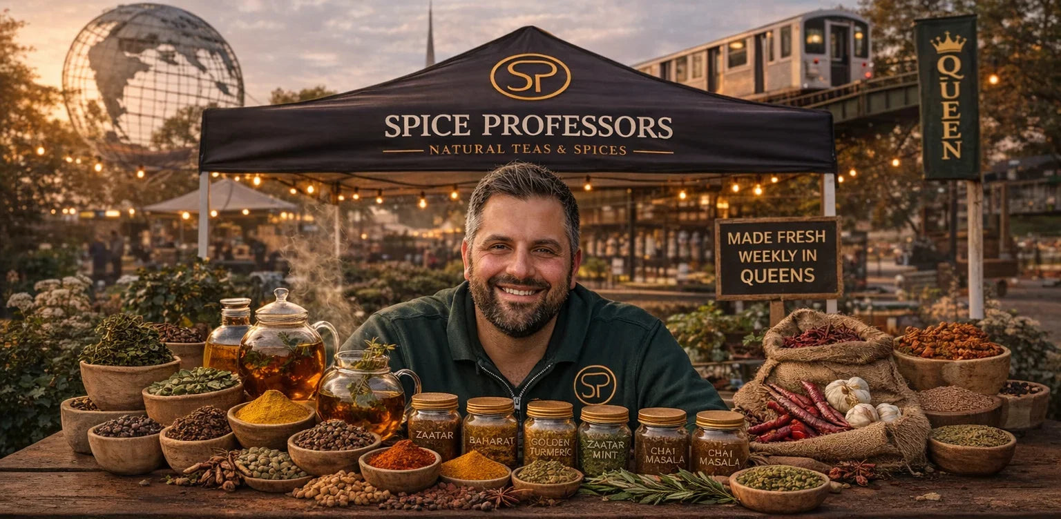 Man behind a table of spices and tea with 'Spice Professors' branding.