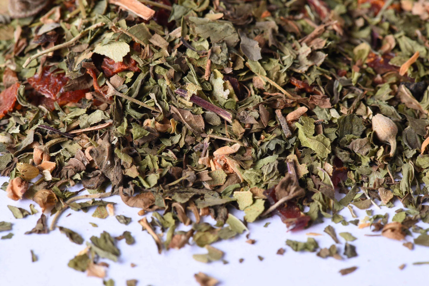 Close-up of loose-leaf herbal tea blend with dried leaves and spices