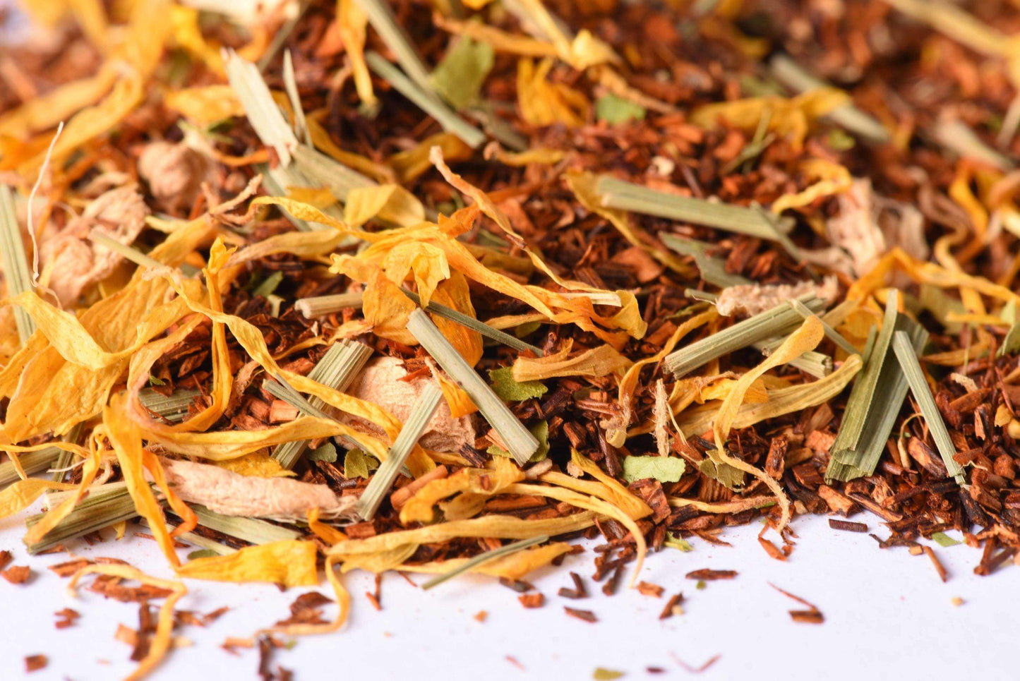 Loose-leaf herbal tea blend with dried flowers, lemongrass, and natural ingredients