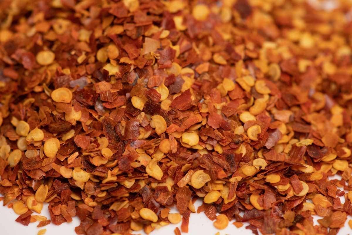 Close-up of crushed red pepper flakes for cooking and seasoning