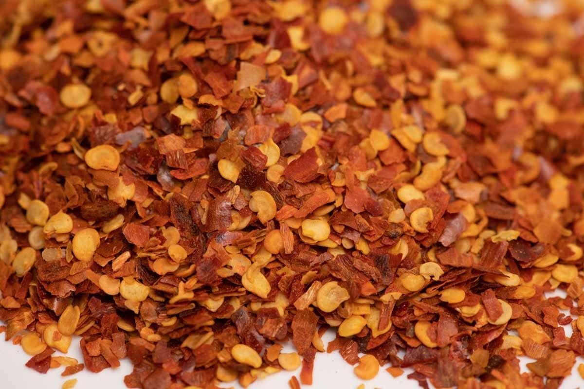 Close-up of crushed red pepper flakes for cooking and seasoning