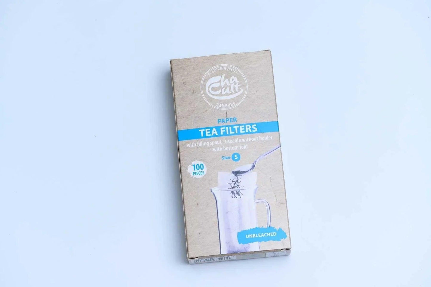 Box of paper tea filters for loose leaf tea, 100 unbleached pieces, size S on white background