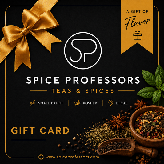 A square promotional graphic for a Spice Professors gift card. The design has a black background with a large gold ribbon in the top-left corner, a gold ribbon banner in the top-right reading 'A Gift of Flavor,' the Spice Professors logo and name in the center, and spice ingredients including peppercorns, star anise, dried herbs, and a bowl of mixed spices arranged at the bottom.