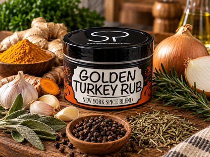 A spice blend tin labeled 'Golden Turkey Rub New York Spice Blend' sits on a rustic wooden table surrounded by ingredients including turmeric root, garlic, onions, rosemary, sage, peppercorns, and dried herbs.