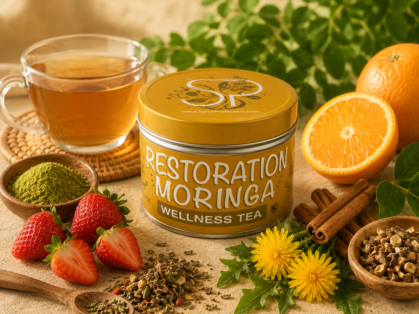 A tin of Restoration Moringa Wellness Tea is shown with a glass cup of brewed tea, strawberries, oranges, cinnamon sticks, matcha powder, and dried herbs on a rustic fabric surface.