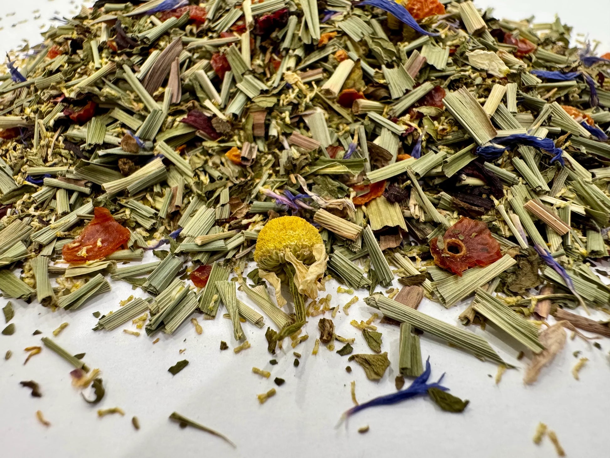 Mixture of dried herbs and flowers on a white background