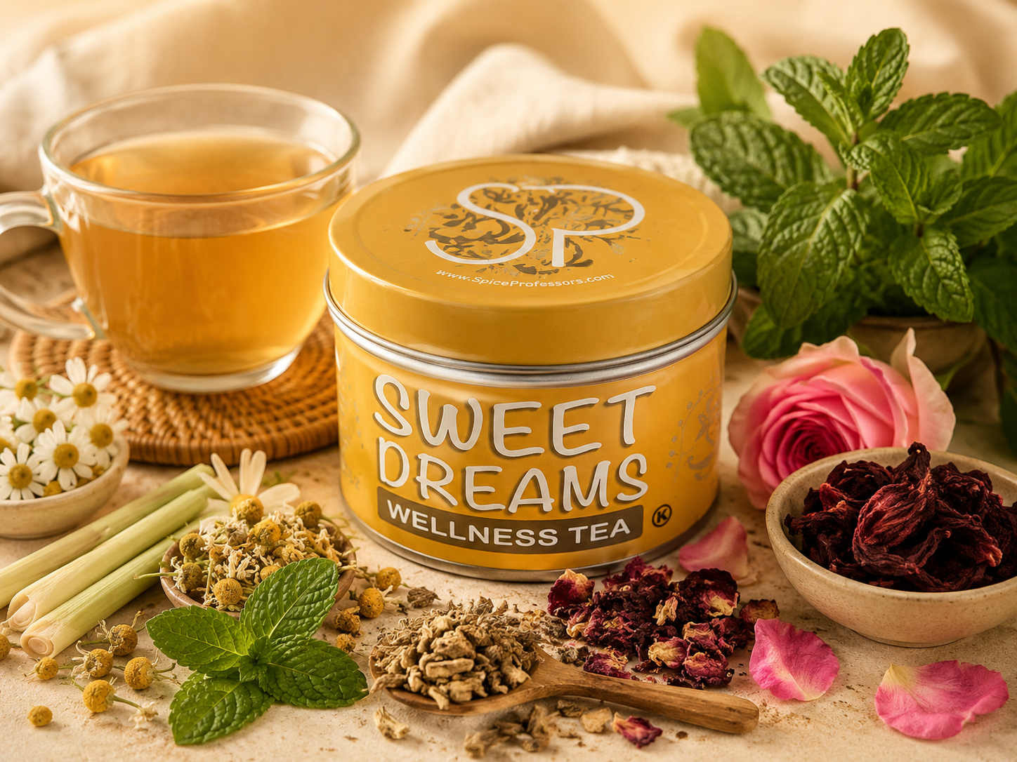 A tin of Sweet Dreams Wellness Tea centered on a warm beige fabric surface, surrounded by tea ingredients and a glass cup of amber tea. Visible props include mint leaves, chamomile flowers, dried hibiscus, rose petals, and a pink rose.