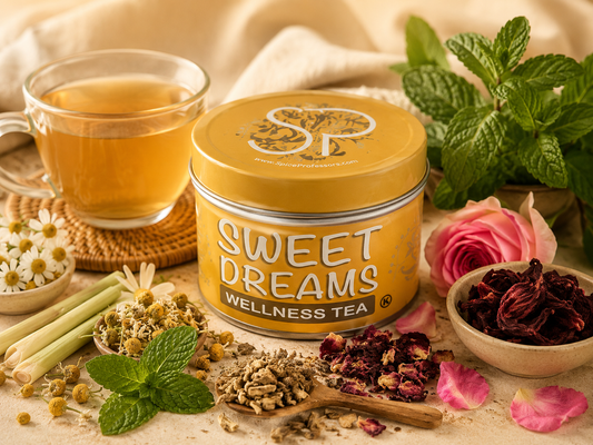 A tin of Sweet Dreams Wellness Tea centered on a warm beige fabric surface, surrounded by tea ingredients and a glass cup of amber tea. Visible props include mint leaves, chamomile flowers, dried hibiscus, rose petals, and a pink rose.