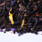 Loose leaf black tea blend with colorful dried flower petals close up